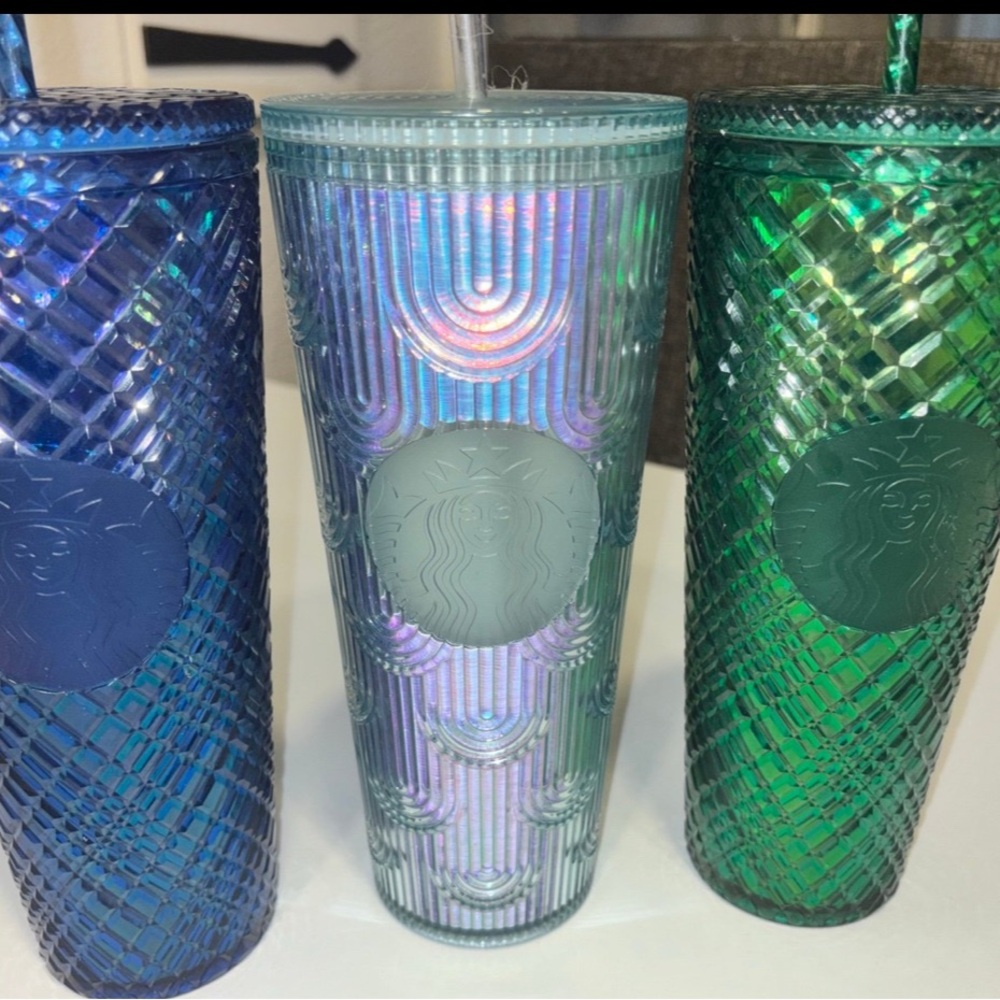 Starbucks Blue, Iridescent, and Green Tumbler Trio